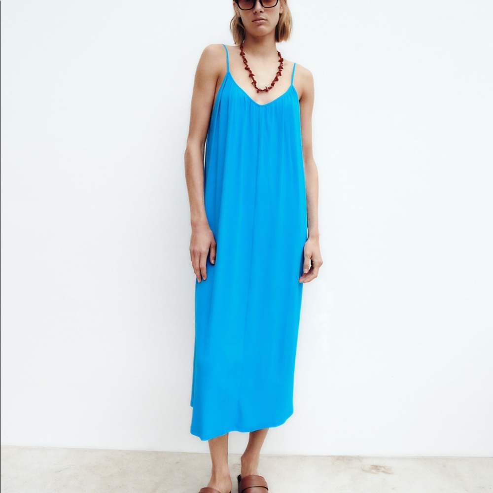 ZARA STRAPPY RIB Full Cut Dress w/ V-neckline & Spaghetti Straps Blue Size S NEW